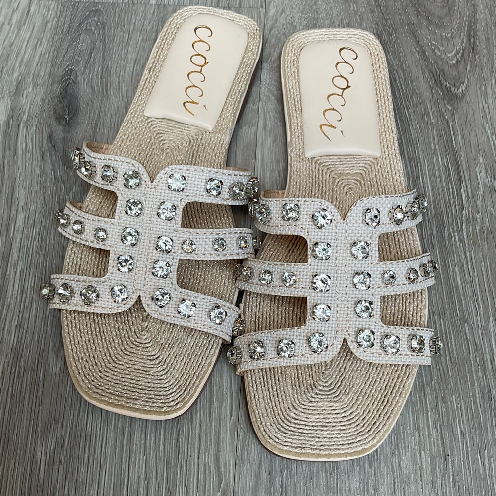 Natural colored flats with large crystals on straps TTS Ccocci brand